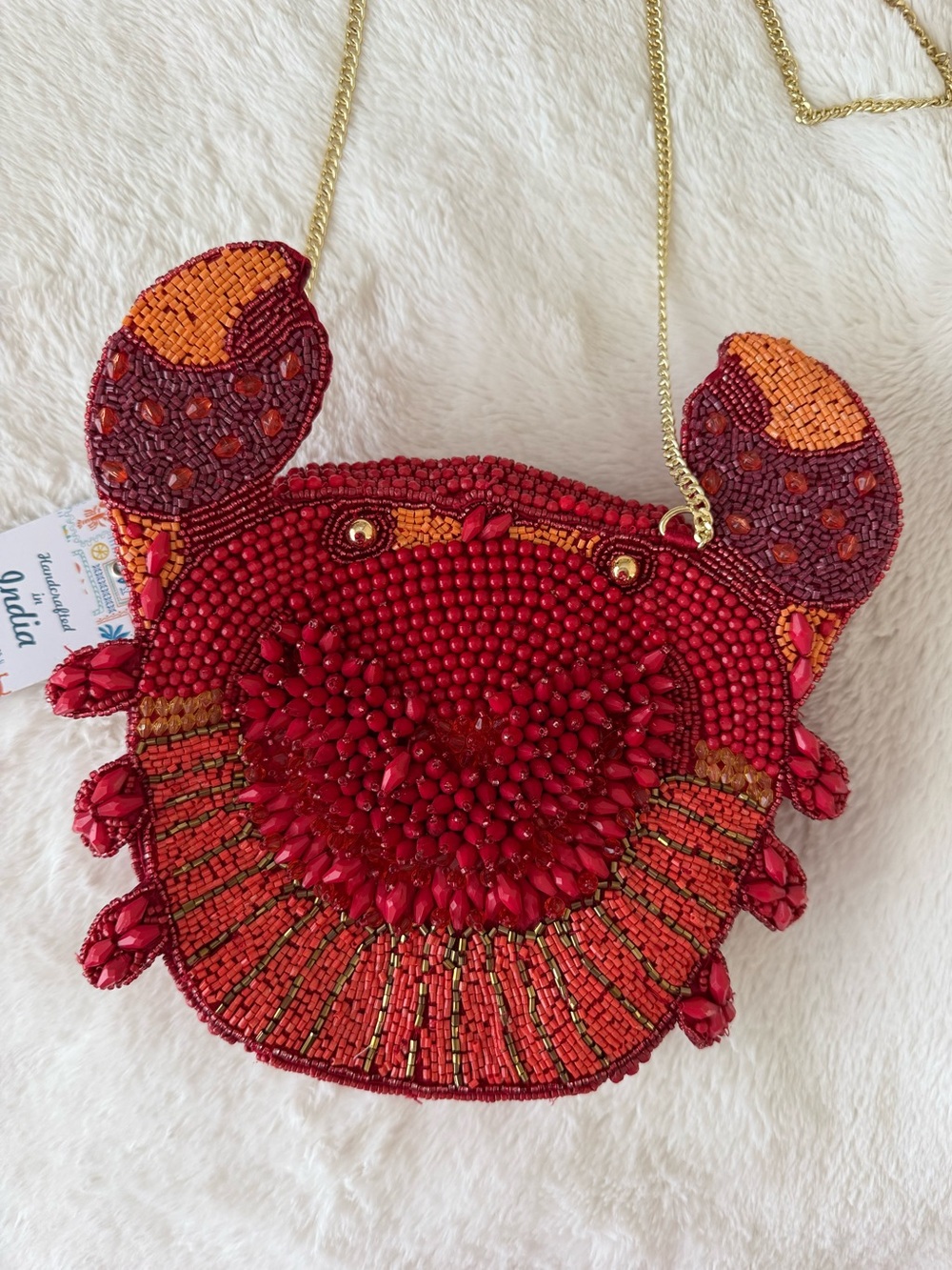 NWT Red Beaded Crab Crossbody Bag with Gold Chain